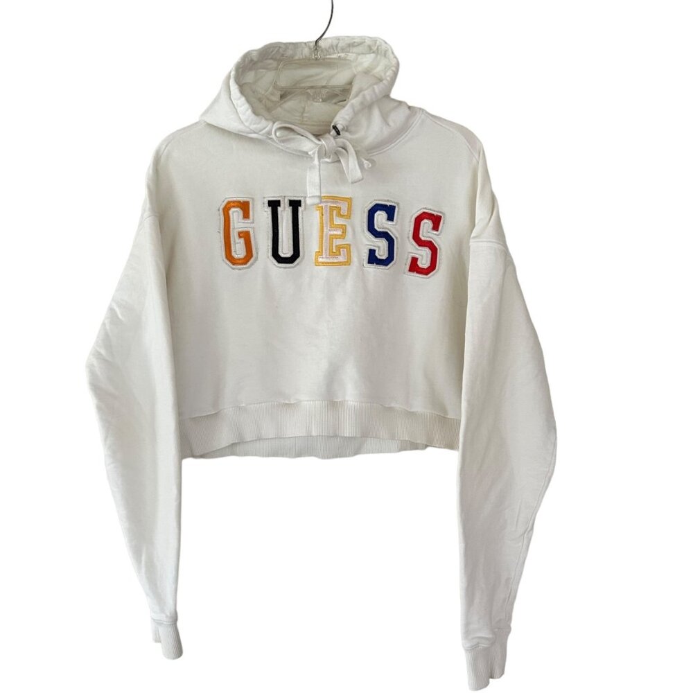 Custom Cropped Guess Hoodie Medium White Colorful Spellout Rebuilt Sweatshirt